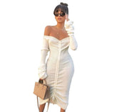 Long sleeve white / black pull string dress