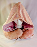 Satin hooded Travel Neck Pillow Blue Girl power, Pink Teddy, and Purple Flowers