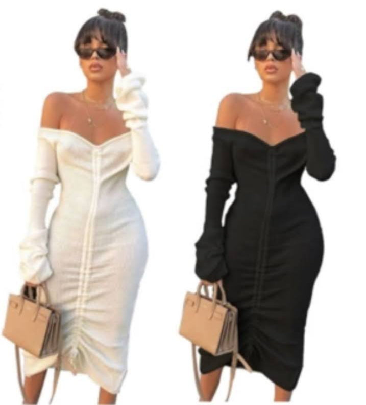 white long sleeve drawstring dress Long sleeve white / black pull string dress – Vellbella7