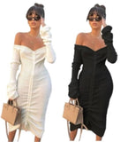Long sleeve white / black pull string dress