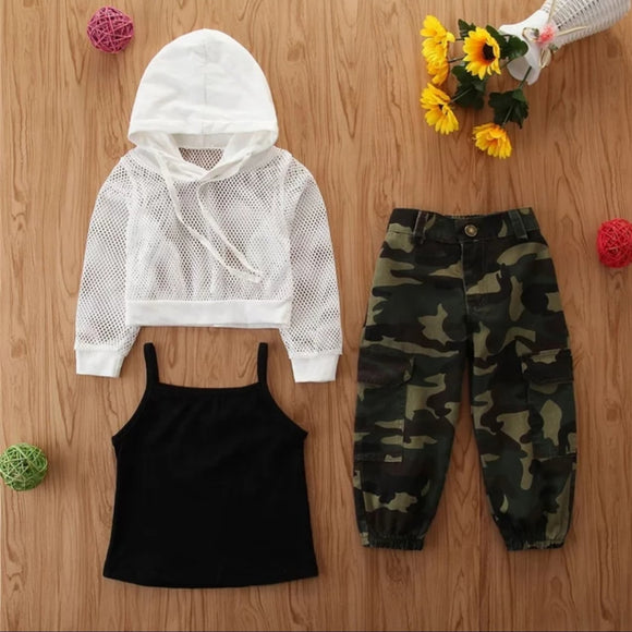 Girls Army green pants set with black top and white fish net hoodie